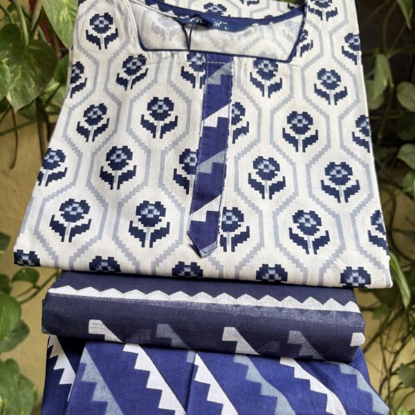 Blue Cotton Printed Suit (3 Piece Suit)