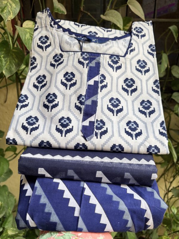 Blue Cotton Printed Suit (3 Piece Suit)